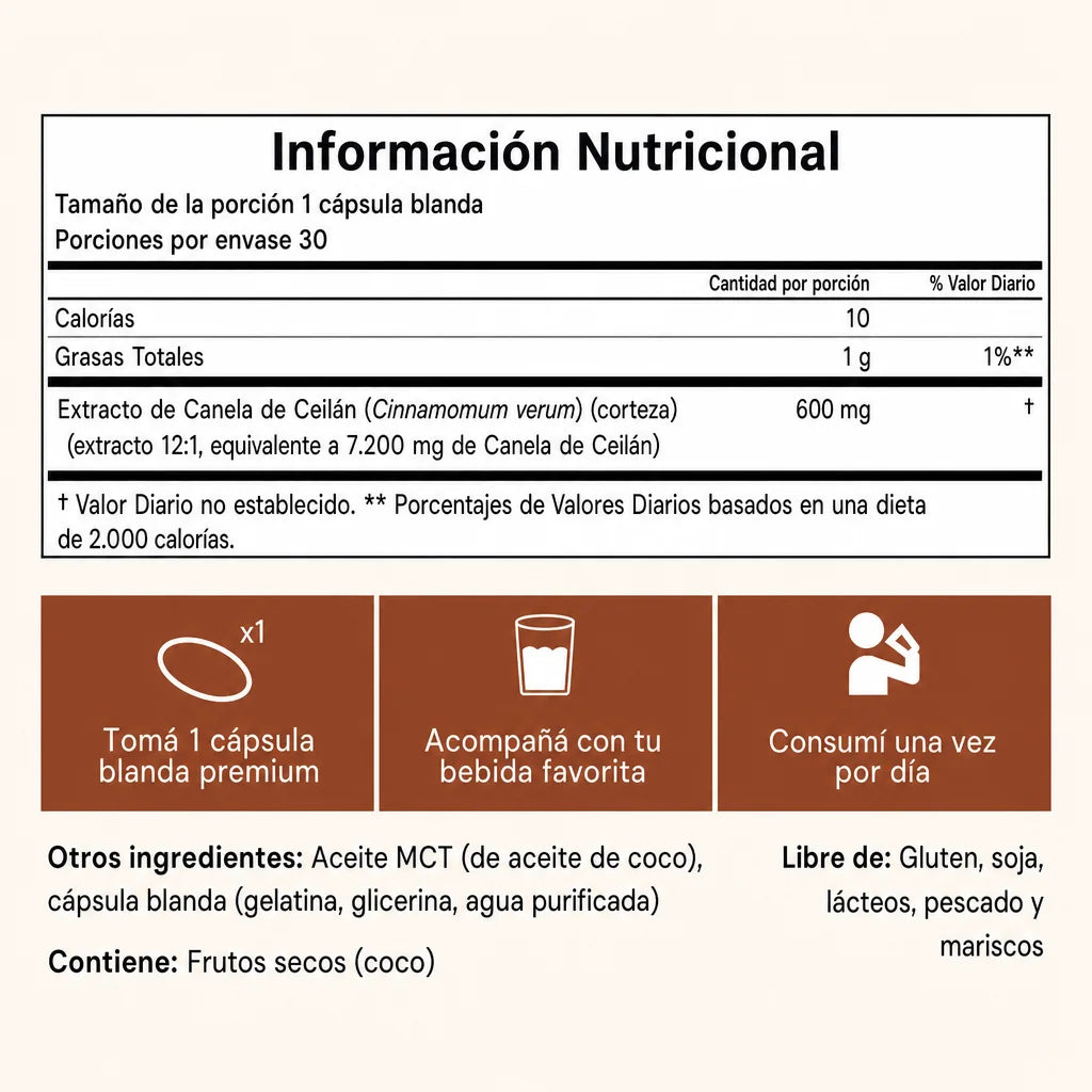 Canela de Ceilán 7200 mg equivalente con aceite MCT